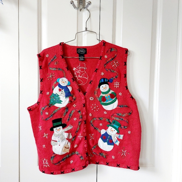 Designers Originals Sweaters - Christmas Ribbon Snowmen Sweater‎ Vest size Large Designer Originals Snowflake